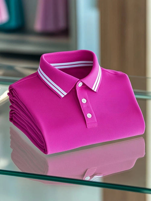 Men's Business Casual Striped Logo Button Short Sleeve Polo Shirt