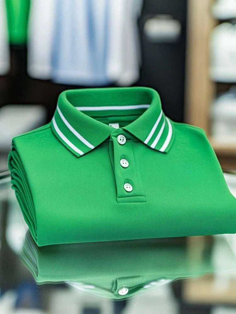 Men's Business Casual Striped Logo Button Short Sleeve Polo Shirt