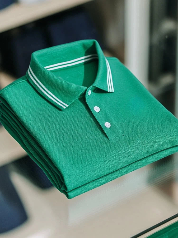 Men's Business Casual Striped Logo Button Short Sleeve Polo Shirt
