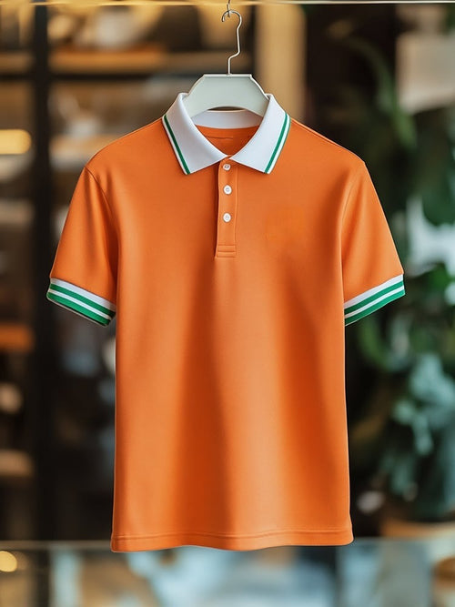 Men's Business Casual Orange Stripe Logo Button Short Sleeve Polo Shirt