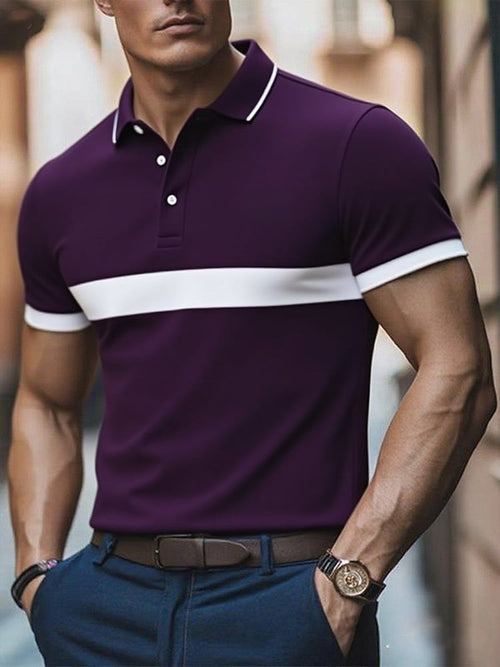 Men's Business Casual Striped Logo Button Short Sleeve Polo Shirt