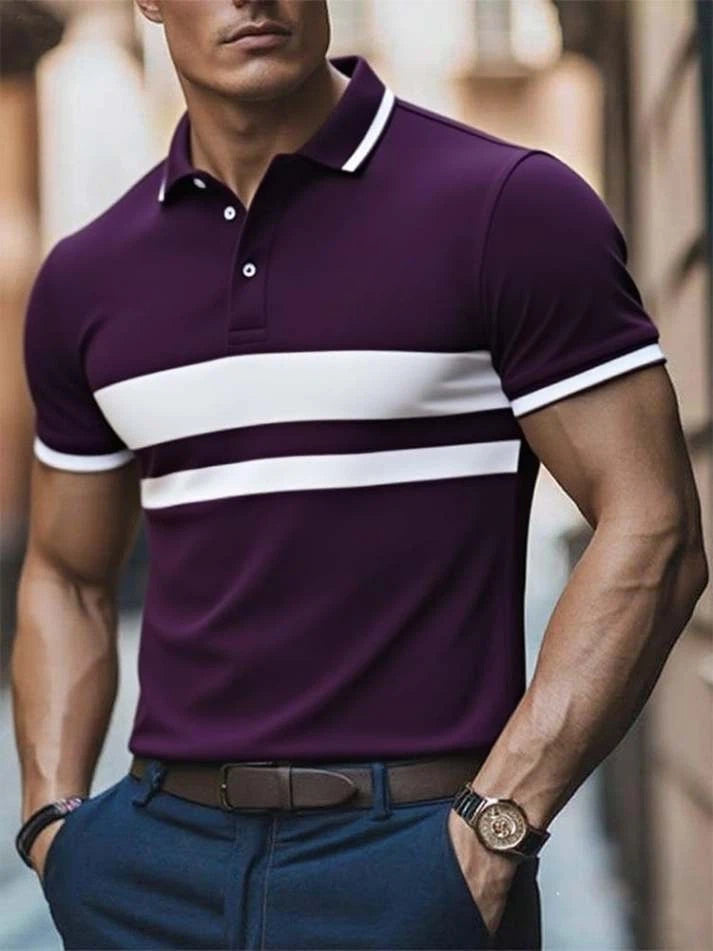 Men's Business Casual Striped Logo Button Short Sleeve Polo Shirt