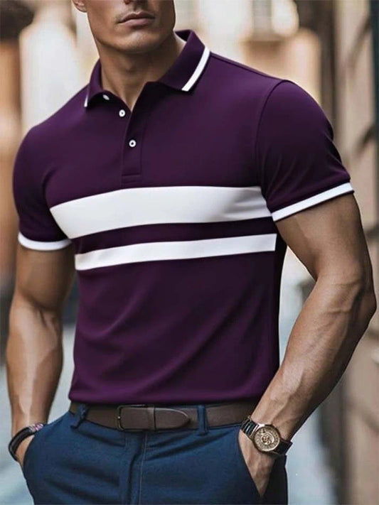 Men's Business Casual Striped Logo Button Short Sleeve Polo Shirt
