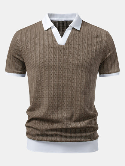 Striped Textured Johnny Collar Open Knit Polo