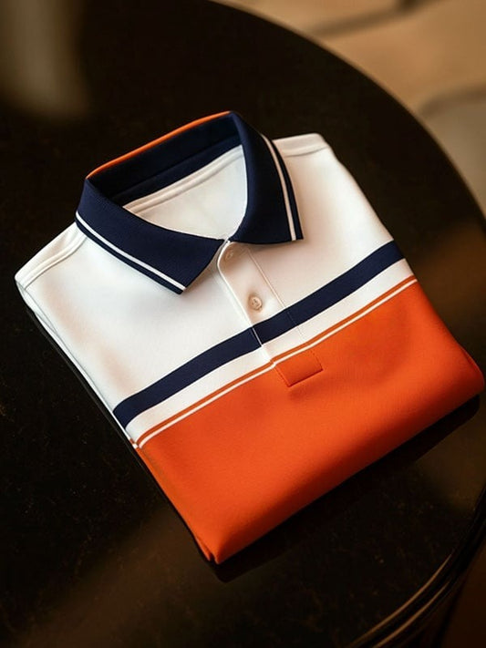 Men's Colorblocked Business Logo Lapel Short Sleeve Polo Shirt
