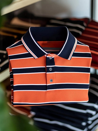 Men's Business Casual Striped Button Short Sleeve Polo Shirt