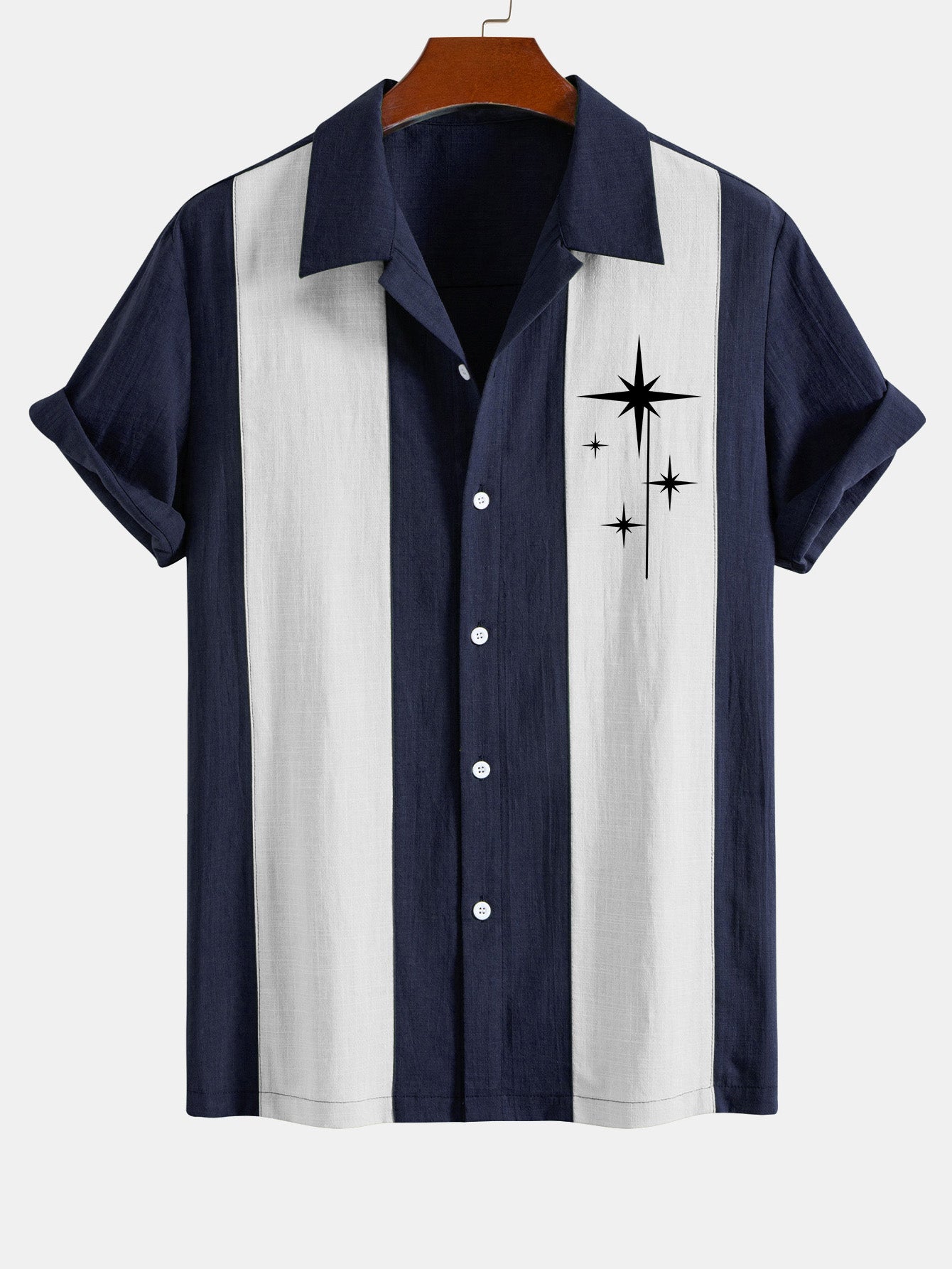 Mid Century Starbursts Print Linen Look Patchwork Bowling Shirt