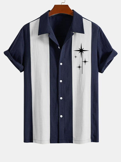 Mid Century Starbursts Print Linen Look Patchwork Bowling Shirt