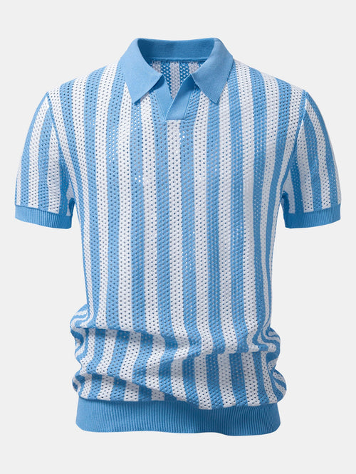 Stripe Johnny Collar Open Knit Polo