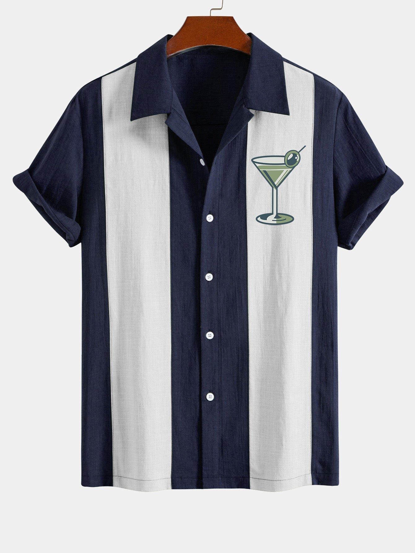Vintage Martini Cocktail  Print Linen Look Patchwork Bowling Shirt