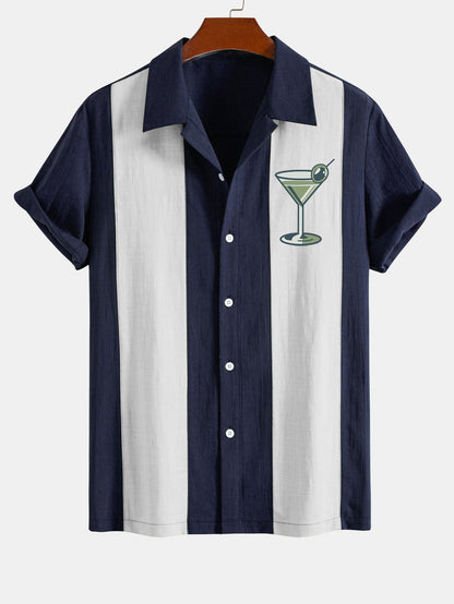 Vintage Martini Cocktail  Print Linen Look Patchwork Bowling Shirt