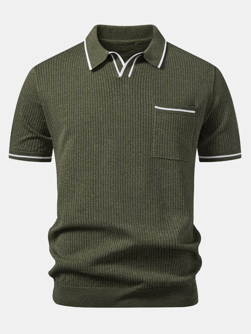 Contrast Stripe Trim Pocket Johnny Collar Knit Polo