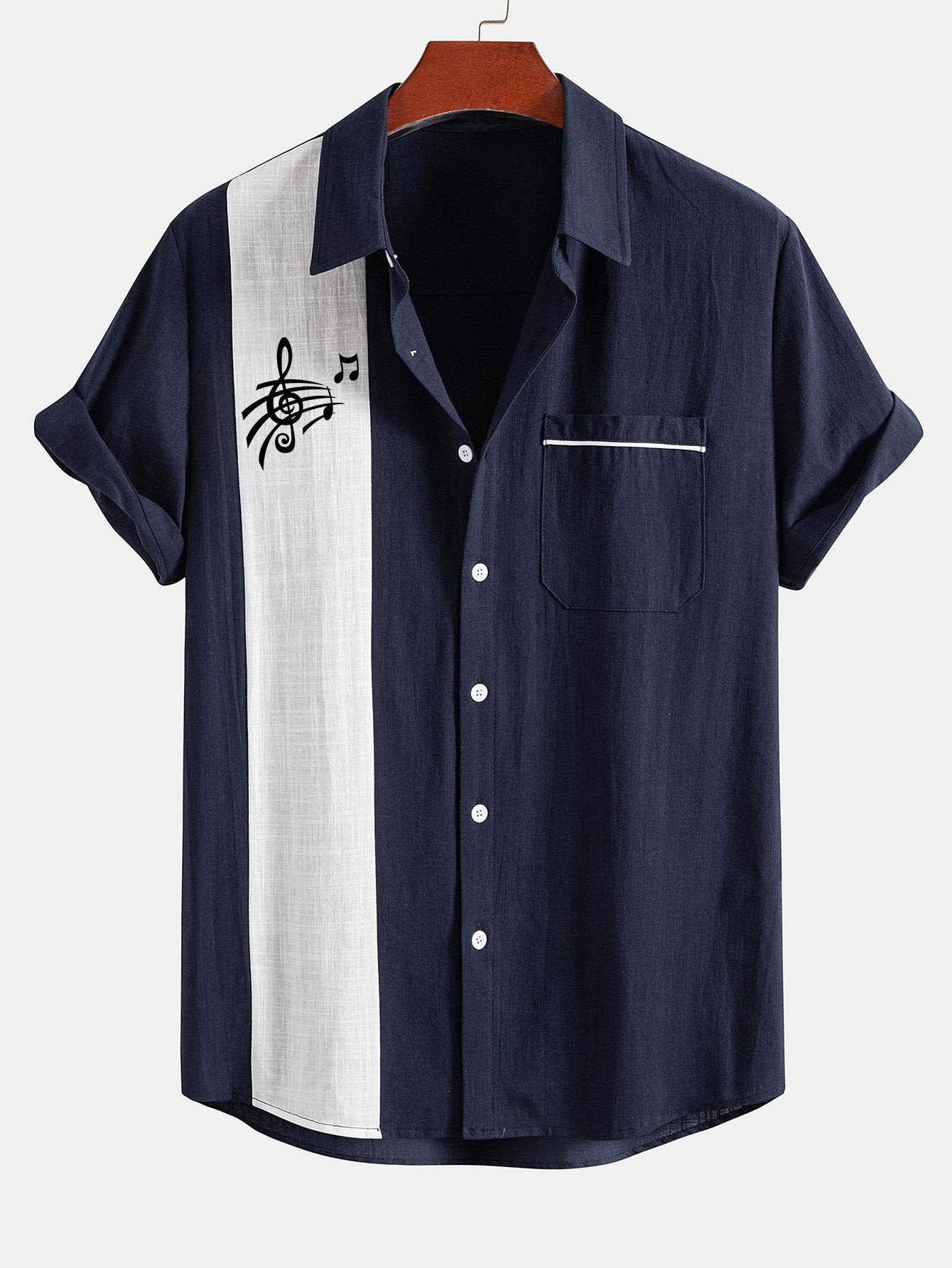 Musical Note Print Linen Look Contrast Button Up Shirt