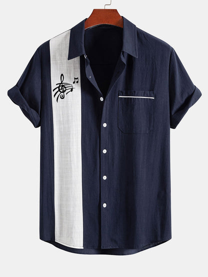 Musical Note Print Linen Look Contrast Button Up Shirt