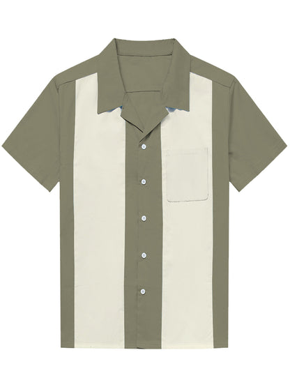 Men's Cuban Collar 50's Retro Camp Bowling Blue Short Sleeve Shirt