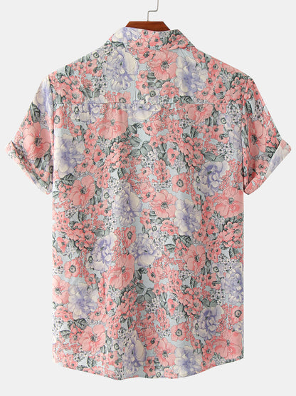 Men's Vintage Floral Print Summer Casual Pink Short Sleeve Shirt
