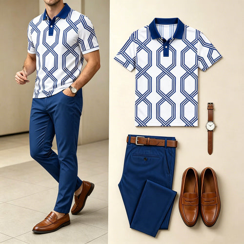 Men's Business Geometric Interlocking Line Print Polo Shirt And Stretch Trousers Two-Piece Outfit Set