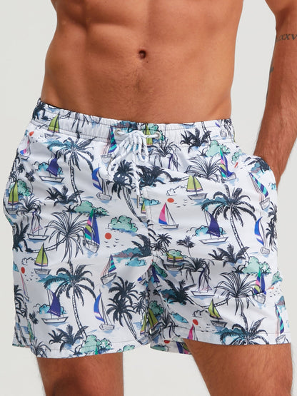 Palm Tree Sailboat Print Swim Shorts