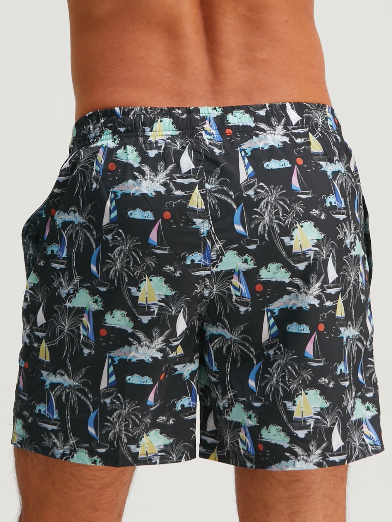 Palm Tree Sailboat Print Swim Shorts
