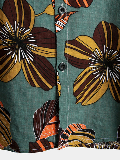 Men's Flower Tropical Hawaii Cotton Short Sleeve Shirt