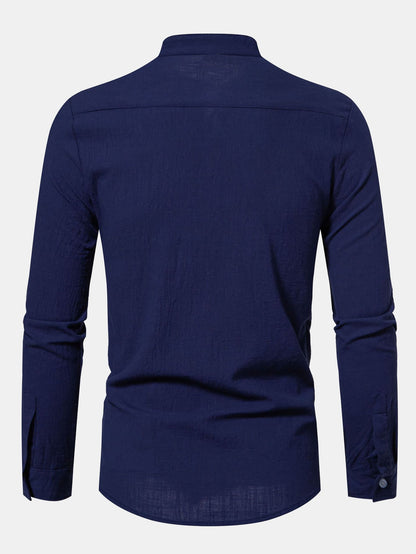 Long Sleeved Linen Look Stand Collar Shirt