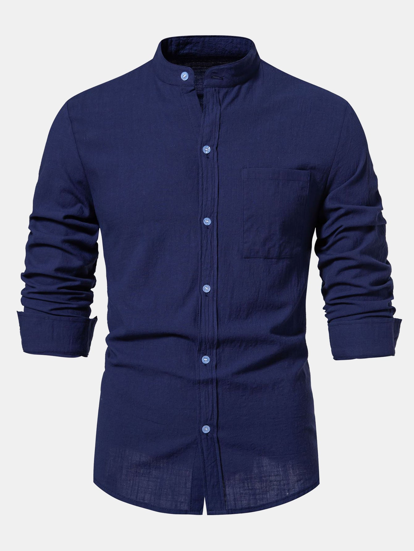 Long Sleeved Linen Look Stand Collar Shirt