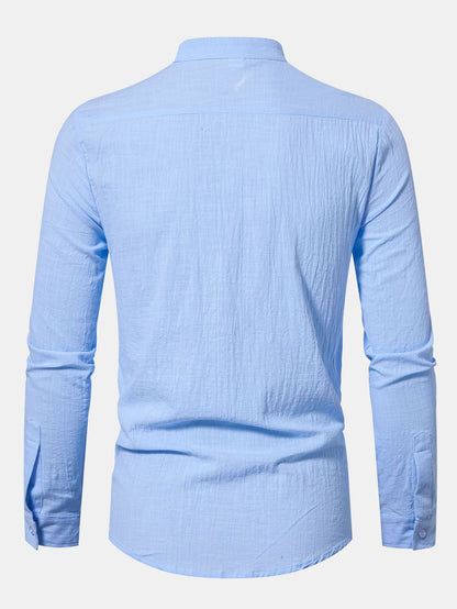 Long Sleeved Linen Look Stand Collar Shirt