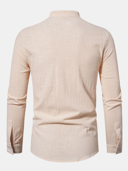 Long Sleeved Linen Look Stand Collar Shirt