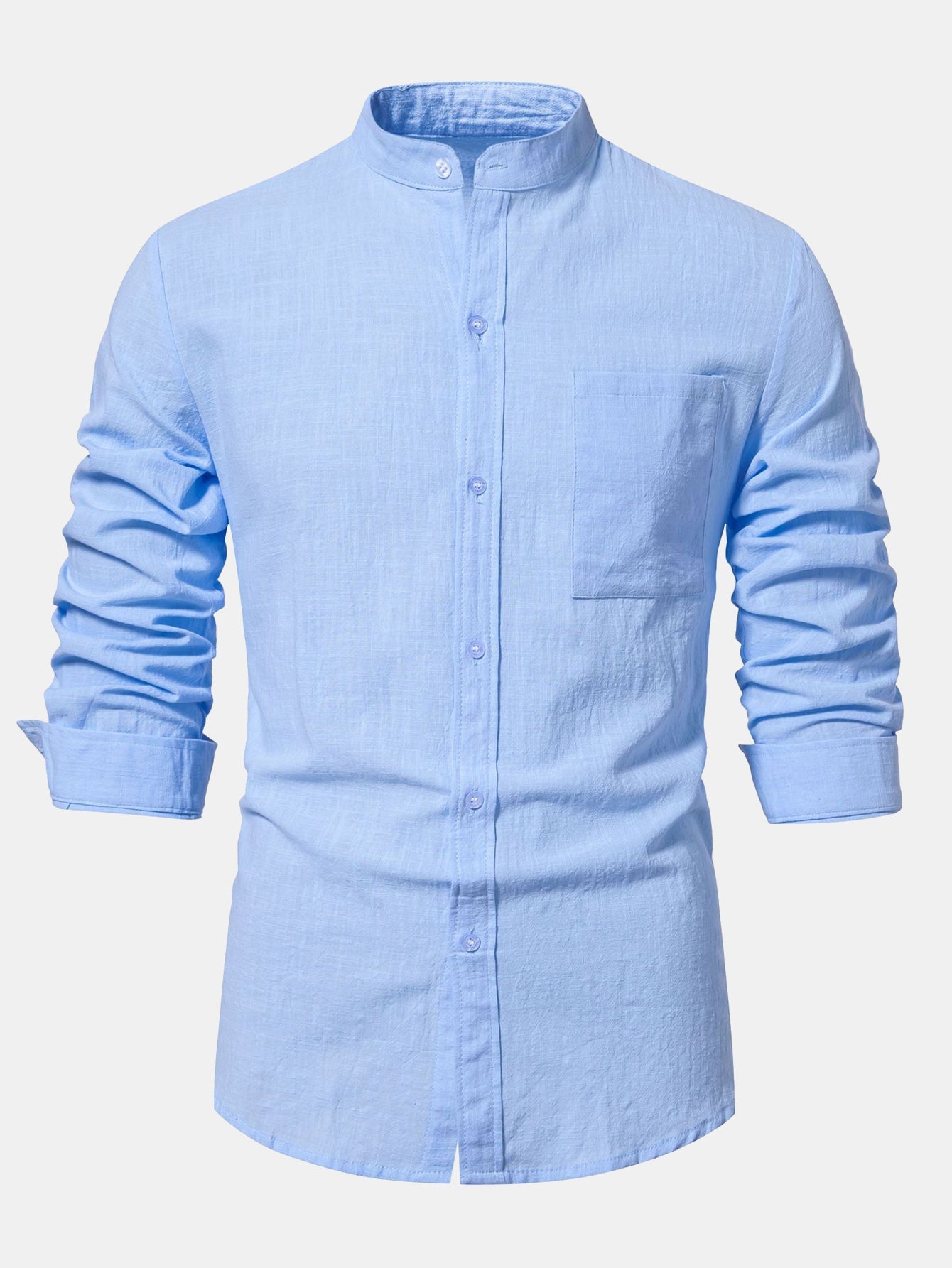 Long Sleeved Linen Look Stand Collar Shirt