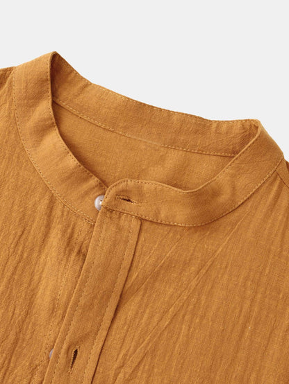 Long Sleeved Linen Look Stand Collar Shirt