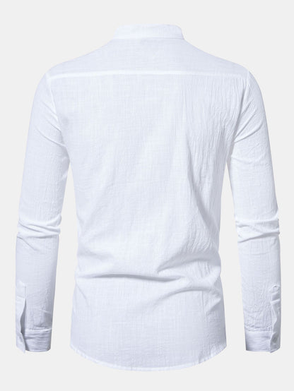 Long Sleeved Linen Look Stand Collar Shirt