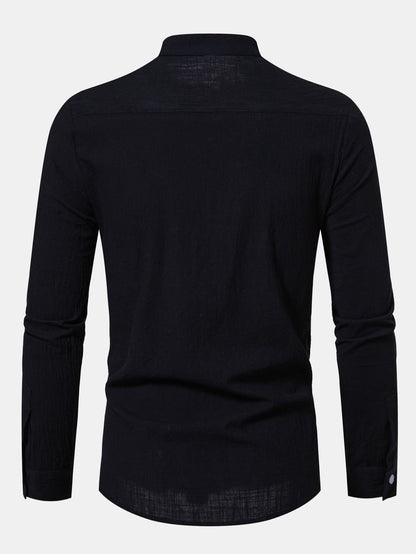 Long Sleeved Linen Look Stand Collar Shirt