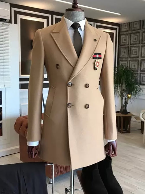Classic Pointed Lapel Double-Breasted Slim Fit Wool Coat