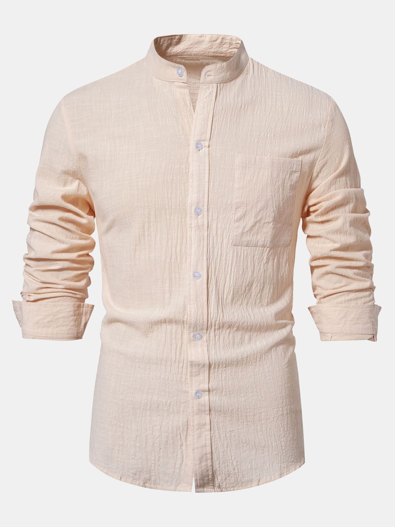 Long Sleeved Linen Look Stand Collar Shirt