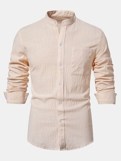 Long Sleeved Linen Look Stand Collar Shirt