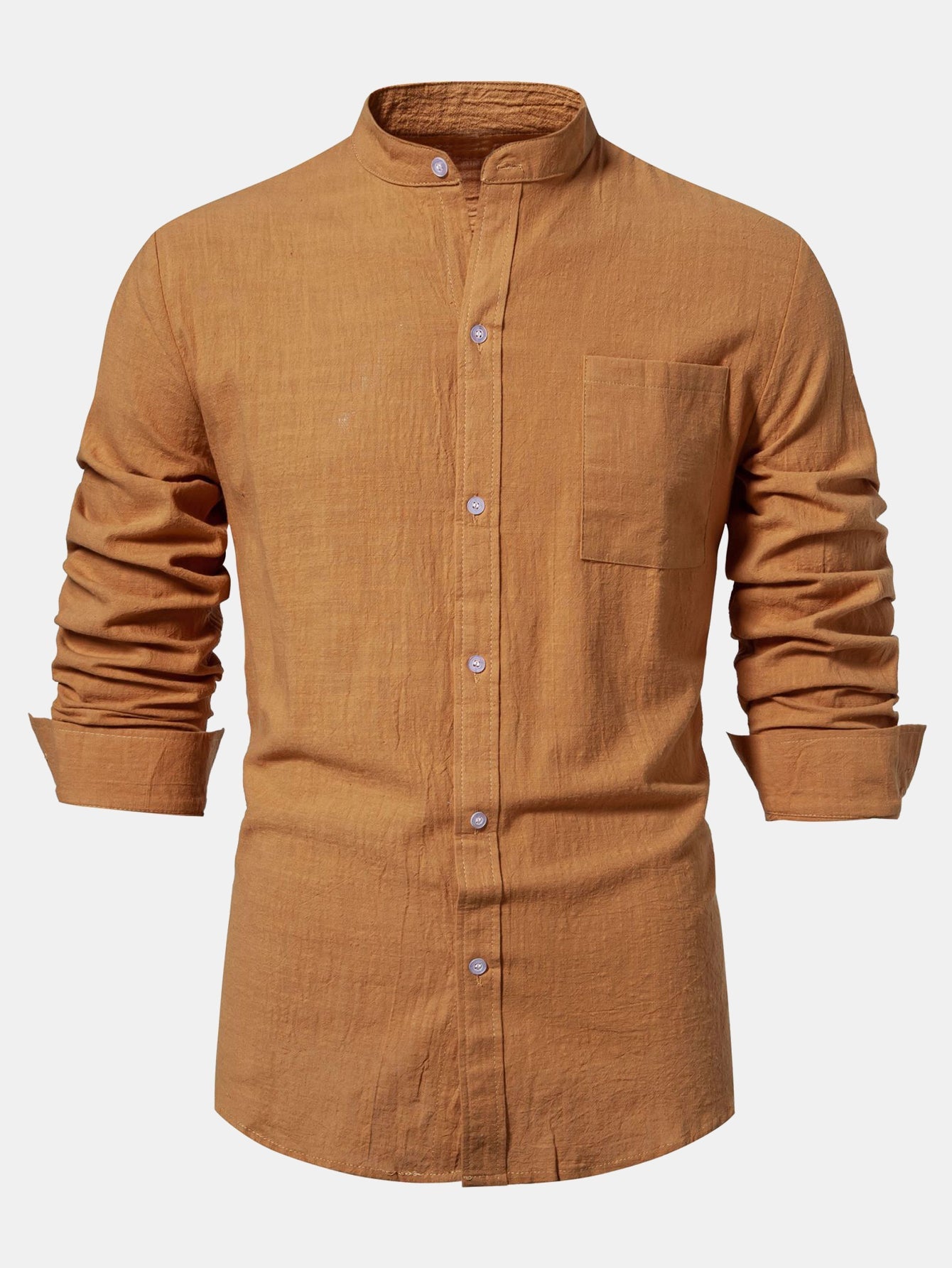 Long Sleeved Linen Look Stand Collar Shirt