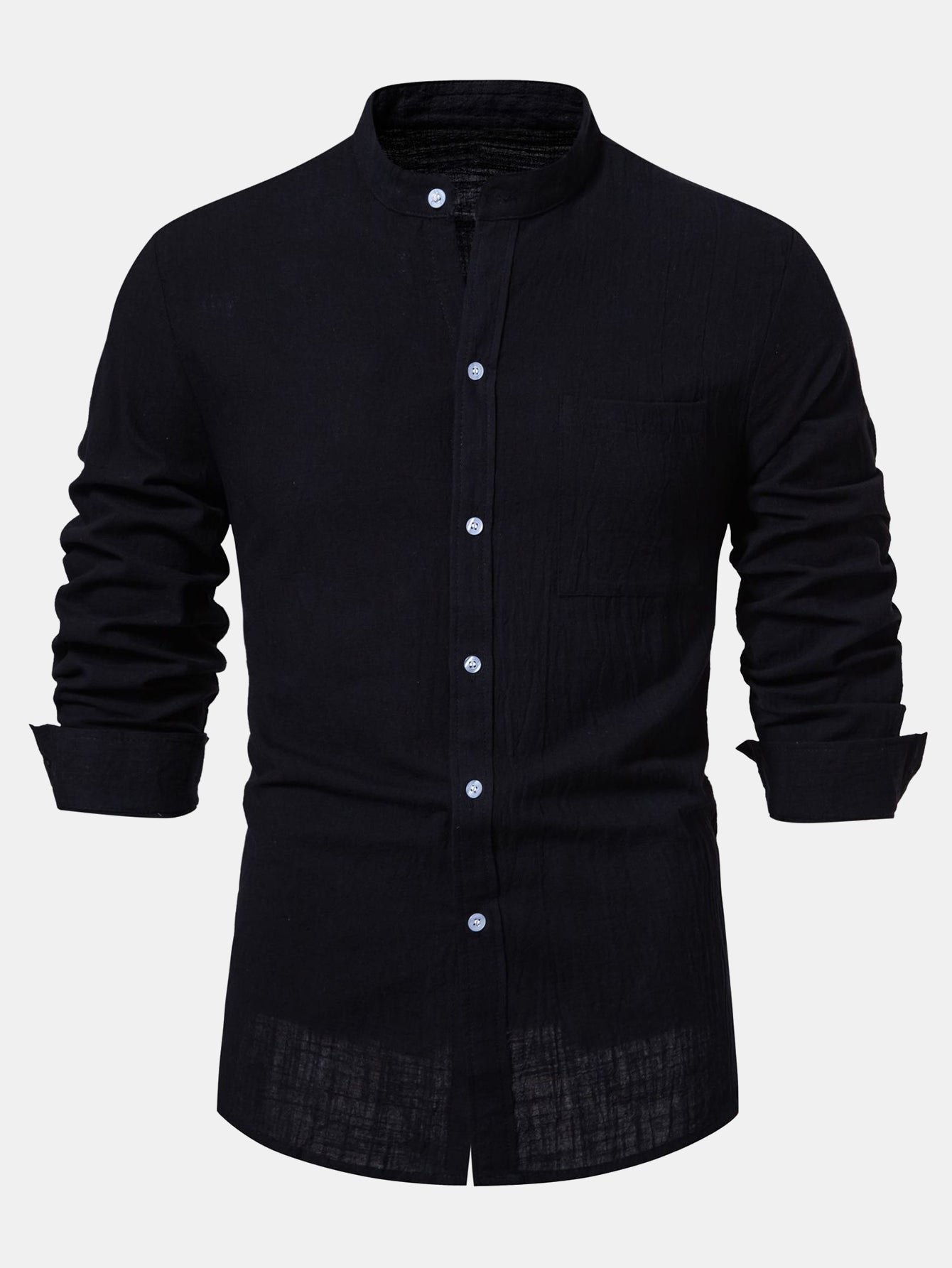 Long Sleeved Linen Look Stand Collar Shirt