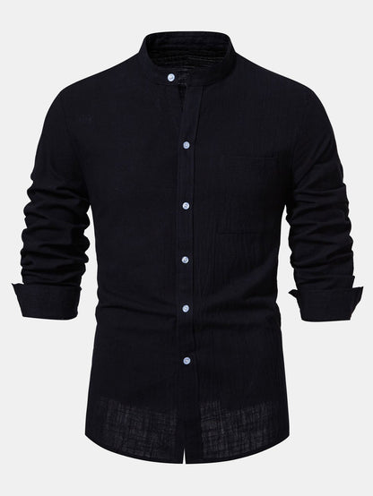 Long Sleeved Linen Look Stand Collar Shirt