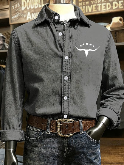 Men's Retro Western Cow Head Design Printed Long Sleeve Casual Shirt