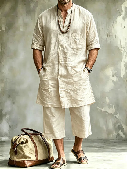 Men's Comfort Casual Short-sleeve Linen Top Shorts Two-piece