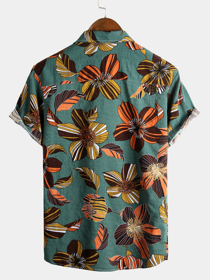 Men's Flower Tropical Hawaii Cotton Short Sleeve Shirt