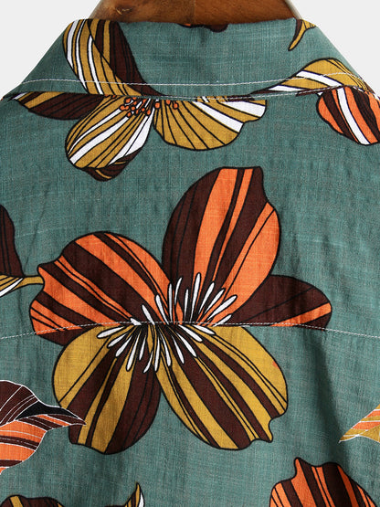 Men's Flower Tropical Hawaii Cotton Short Sleeve Shirt