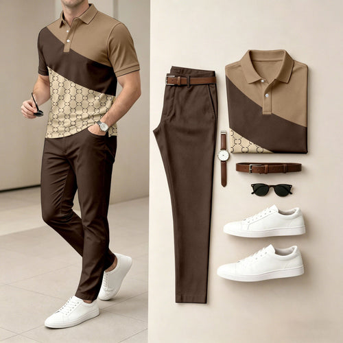 Men's Casual Contrasting Printed Polo Shirt And Pants Two-Piece Set