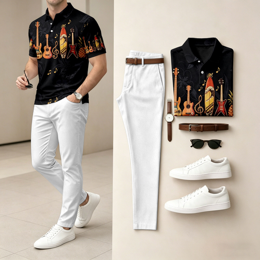 Men's Casual Musical Instrument Print Short-Sleeve Polo Shirt And Pants Set (Excludes Accessories Such As Watches And Belts)