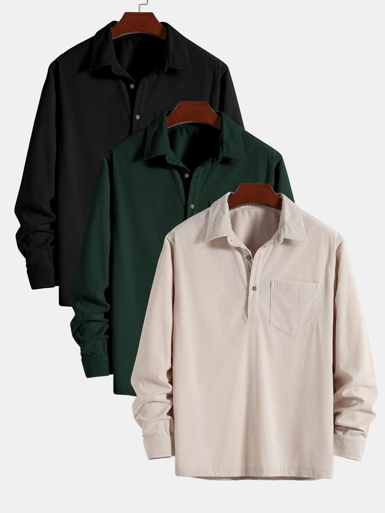 3 Pieces Long Sleeve Polo Neck Corduroy Shirt