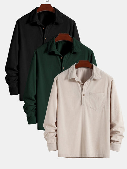 3 Pieces Long Sleeve Polo Neck Corduroy Shirt