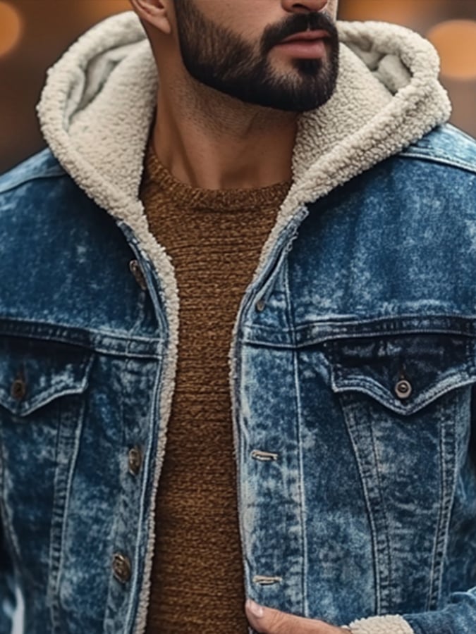 Men'S Vintage Distressed Lambswool Casual Denim Jacket