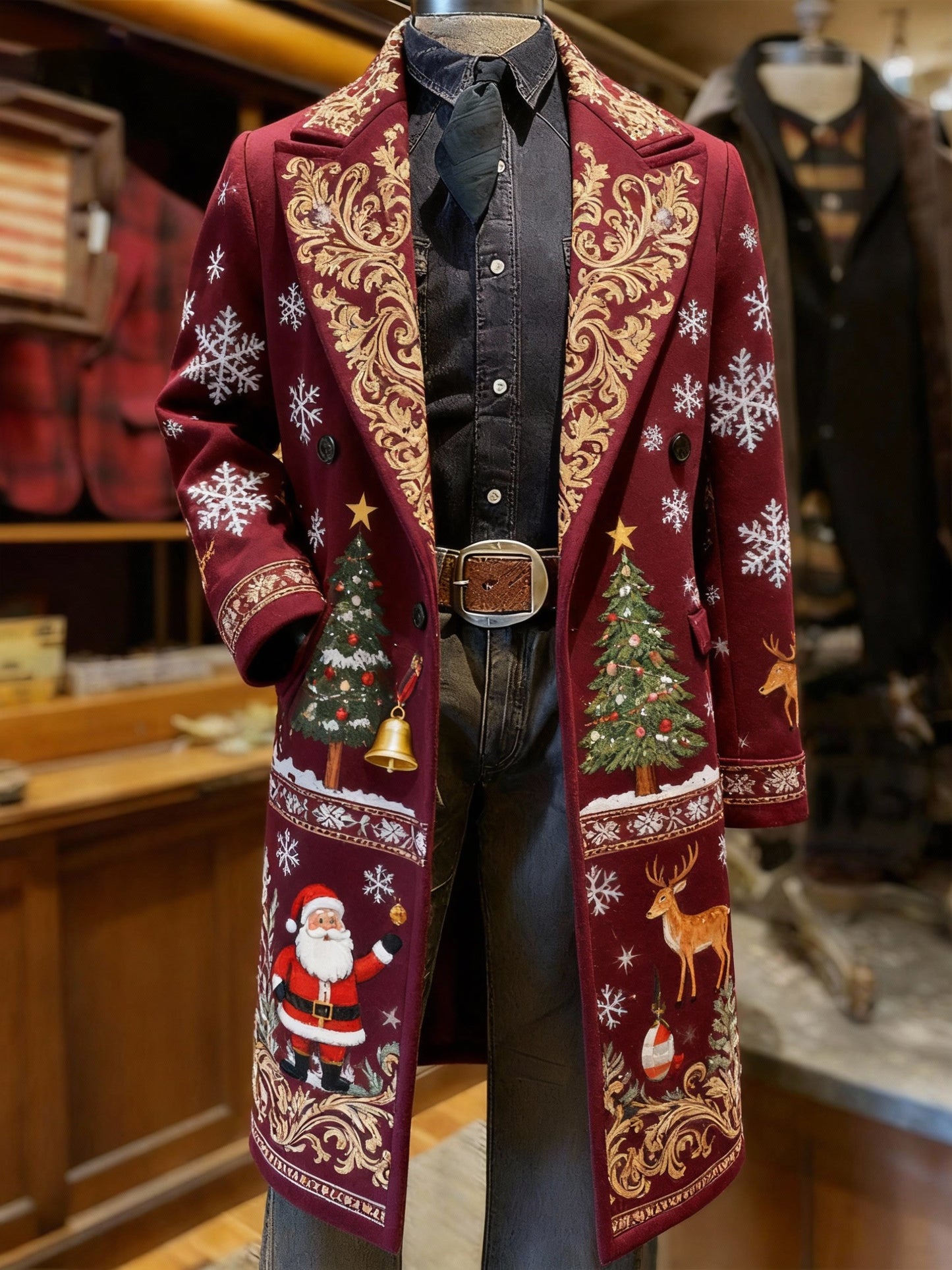 Men's Business Christmas Snowflake Long Wool Coat