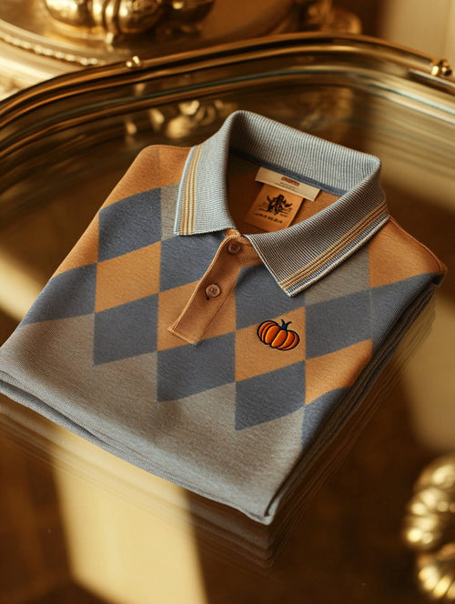 Men's Classic Business Check Halloween Pumpkin Logo Button Short Sleeve Polo Shirt