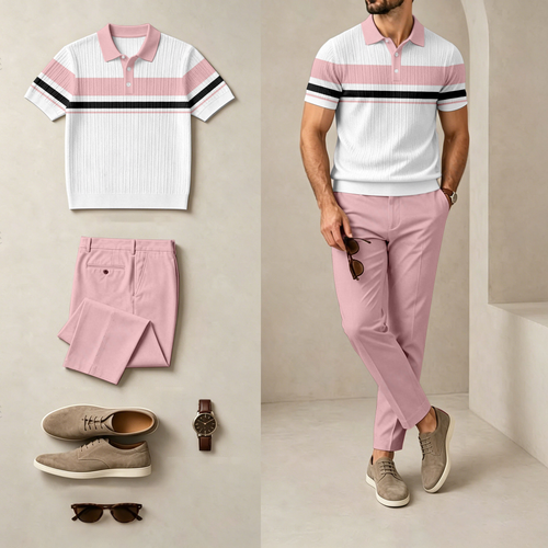 Men's Casual Striped, Two-Tone Print Short-Sleeve Polo Shirt And Pants Set (Excludes Accessories Such As Watches And Glasses)